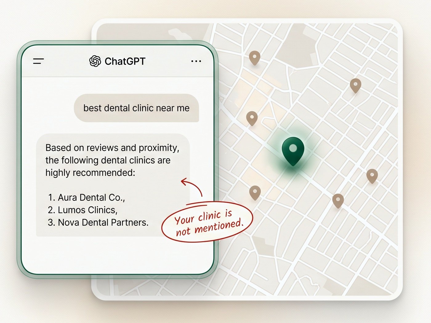 ChatGPT answer to 'best dentist near me': three clinics listed, yours missing